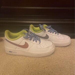 Nike Air Force 1s, White Sneakers with Lime Green and Blue Accents